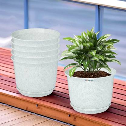 HOMESTIC by Kuber Industries Marble Sawera Flower Pot for Home & Garden with Tray|10 Inch|Pack of 6|White Plant Container Set