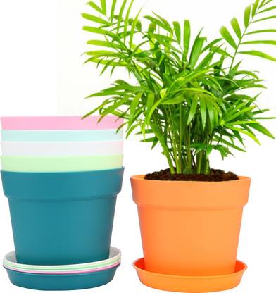 JIGSHTIAL 8 inch Flower Pots Outdoor Indoor,with Drainage Hole&Tray Saucer Plastic Pots Plant Container Set