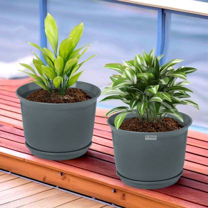 HOMESTIC by Kuber Industries Plain Sawera Flower Pot for Home with Tray|10 Inch|Pack of 2|Gray Plant Container Set