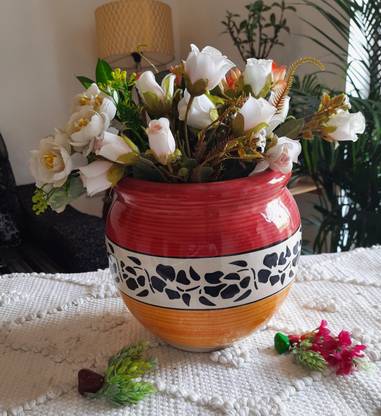 Niyara white & red Mughal style ceramic planters pot size-8 inches Plant Container Set