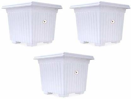 VINSHRA Plastic square Planter White, 10 inch, Set of 3 White Flower Pot/Indoor Outdoor Plant Container Set