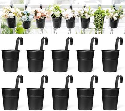 PRIME KRAFTS 10 Pcs Round Railing Planter with Detachable Hook for Indoor and Outdoor, Black Plant Container Set