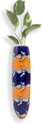 Dastkhat Ceramic hand painted magnetic Hydroponic fridge planter | Royal & orange wave Plant Container Set
