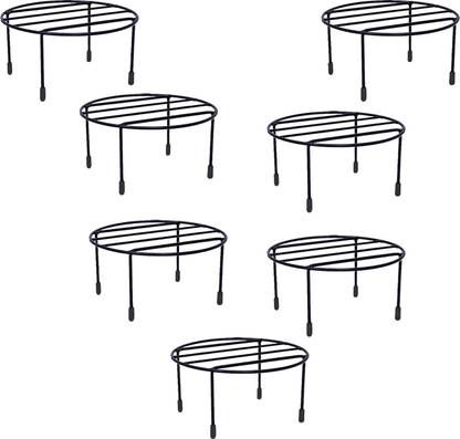 VINAMRA28 Round Stand Galvanised Metal Stand Pot Holder with bottom Rubber, Set of 4-Black Plant Container Set