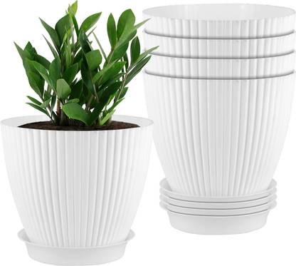 Garden's Need Garden’s Need 7-Inch Round Flower Pots with Tray | Set of 5 White Plant Container Set