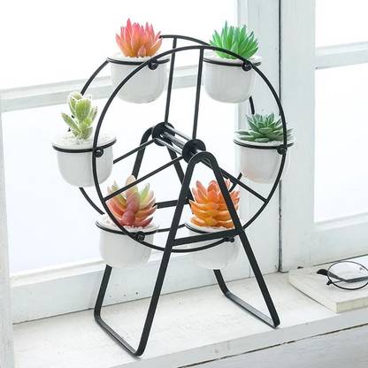 nill ferris wheel themed metallic stand and 6 ceramic flower succulent cactus pots Plant Container Set