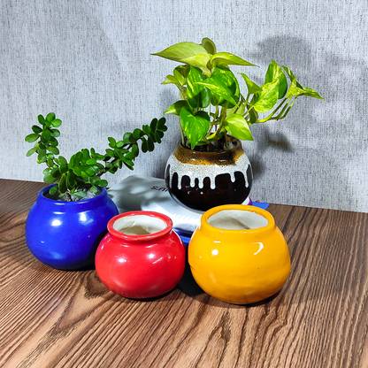 UBAA Small Matki shape ceramic plant pot for Indoor, Office Desk (3.5 Inch) Plant Container Set