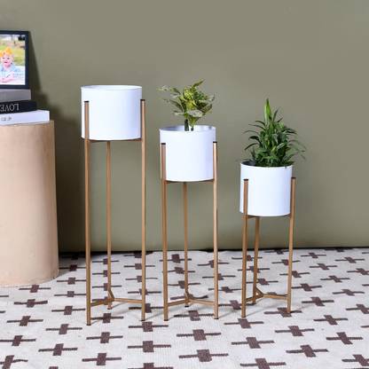 KUBER INDUSTRIES Metal Floor Tall Indoor Plant Stand for Home and Garden|Set of 3|White Plant Container Set