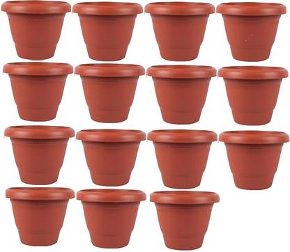 Ramanuj (Pack of 15) 12 inches Plastic Round Flower Pot Gamla for Plants Plant Container Set Big Round Pots for Flowers (12-inch, Brown, Pack of 15) brown for indoor/outdoor Plant Container Set