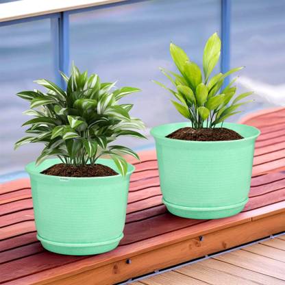 HOMESTIC by Kuber Industries Marble Mega Flower Pot for Home & Garden with Tray|9 Inch|Pack of 2|Mint Green Plant Container Set