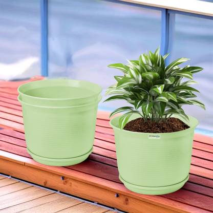 HOMESTIC by Kuber Industries Plain Sawera Flower Pot for Home with Tray|10 Inch|Pack of 3|Light Green Plant Container Set