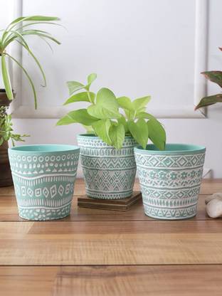 Lily and lantern Set of 3 bright colored Planters with white tribal design Plant Container Set