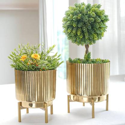 BEHOMA Golden Fluted Indoor Planters with Stands for Home Décor (Plants not Included) Plant Container Set