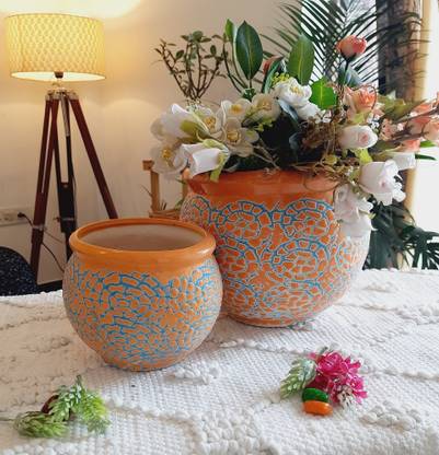 Niyara Ceramic Planter Pot, Orange, 20 cm, 15 cm, 2 Pieces Plant Container Set