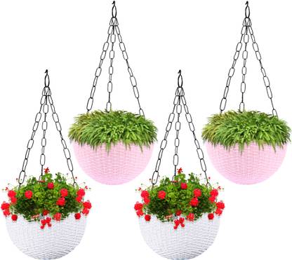 KUBER INDUSTRIES Marble Euro Hanging Flower Pot for Home|7 Inch|Pack of 4|White & Pink Plant Container Set