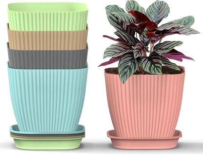 DECORWAY Square Pots with tray for Home & Balcony Decoration Planters,Terrace,Garden Etc Plant Container Set