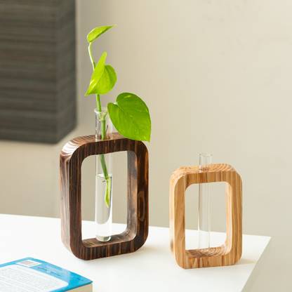 ExclusiveLane Rectangular Glass Garden' Test Tube Table Planters/Vases (Pine Wood, Set of 2) Plant Container Set