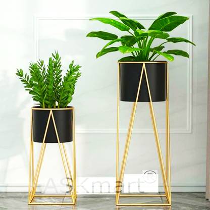 ASKmart Classic Golden Cross Stand set of 2 with 2 Black Planters. Plant Container Set