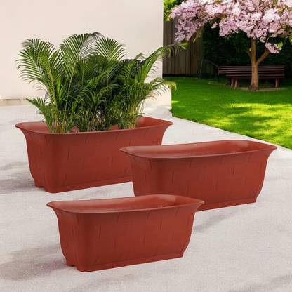 Garden's Need 20-Inch Window Flower Pot | Rectangular Shape, Set of 3, Brown | Plastic Pots Plant Container Set