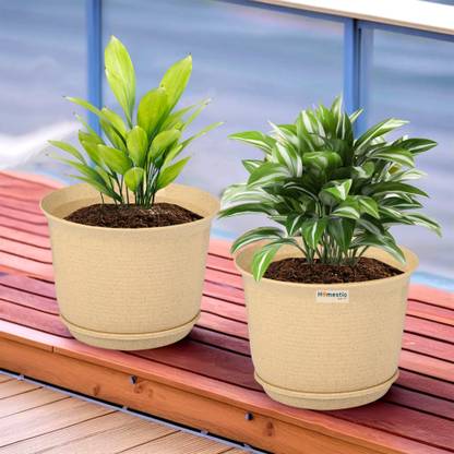 HOMESTIC by Kuber Industries Marble Sawera Flower Pot for Home & Garden with Tray|10 Inch|Pack of 2|Beige Plant Container Set