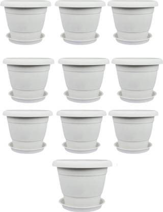 Muddstyles Plastic 8 inch Round White Flower Pot With Tray for Home office Garden balcony Plant Container Set
