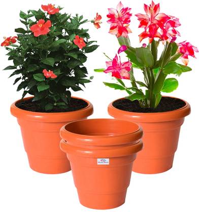 Heart Home Solid 2 Layered Plastic Flower Pot|Gamla ,6"x5",Pack of 4 (Orange) Plant Container Set