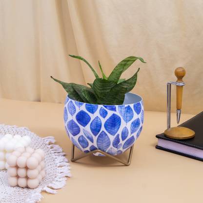 Kyari Blue Apple Round Shape Metal Planter with Stand for Indoor Outdoor Flower Pot Plant Container Set