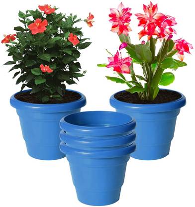 KUBER INDUSTRIES Solid 2 Layered Plastic Flower Pot|Gamla ,6"x5",Pack of 5 (Blue) Plant Container Set