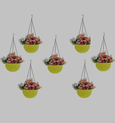 Dervino Chain Hanging Plastic Planter Pot Yellow Pack of 7 Plant Container Set