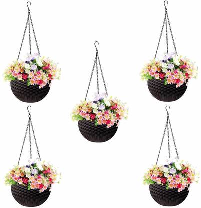 GO HOOKED Round Rattan Woven Hanging Pots For Plants, Hanging Planters For Balcony, Home, Garden (Pack of 5) (Dark Brown) (7.1 x 4.8 Inch) Plant Container Set