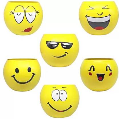 Advi Decorative Small Table Top Cute Expressions Smiley Face Emoji Flower Pot, Yellow Plant Container Set