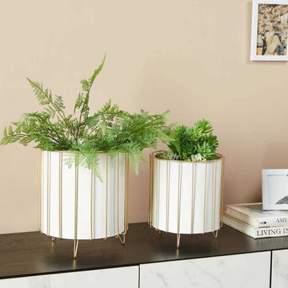 SIRAAJ&SONS Sturdy Standing Plant Pot with Drainage Hole Large (White & Gold) Plant Container Set