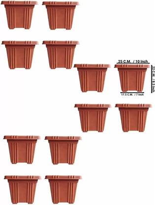 Plastichouse 10 Inches Square Plastic Planter | Indoor Outdoor Balcony Plant Pot Brown Plant Container Set