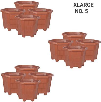 Plastichouse Plastic House Gardening Flower Pot Hexagon Garden Plastic Planters Plant Container Set Gamla Pot For Garden And Balcony Flowering (Pack of 12) Brown Plastic Plant Container Set