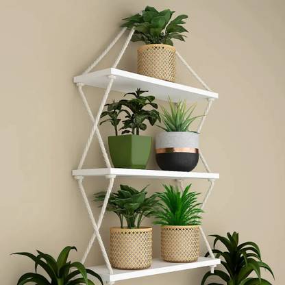Dekorstation Rectangular Edge 3 Layers Wooden White Wall Hanging Planter with Cross Rope Plant Container Set