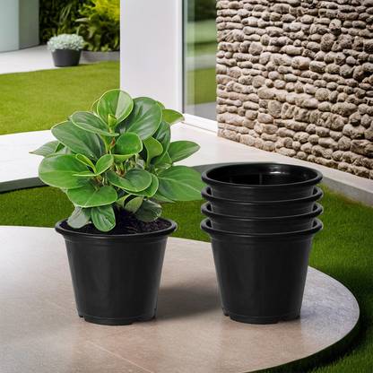 KUBER INDUSTRIES Plastic Flower Pot|Gamla with Drain Holes for Garden,8x6,Pack of 5(Black) Plant Container Set