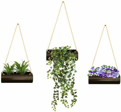 GreenUpMySpaces Dark Brown Wooden Horizontal Log Shaped Hanging Planter for Home Décor Plant Container Set