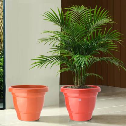 Heart Home (Pack of 2) 2-Layer Flower Pot for Home Décor (8 Inch) Red & Orange Plant Container Set