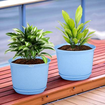 HOMESTIC by Kuber Industries Marble Mega Flower Pot for Home & Garden with Tray|9 Inch|Pack of 2|Blue Plant Container Set