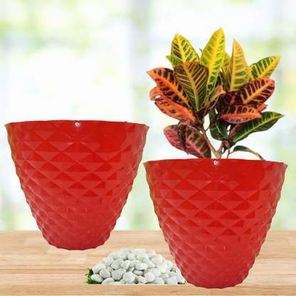 AverVera 10 inch 2 Large Red Plant Pots with 2 Kg White Stone For Outdoor Indoor Plant Container Set