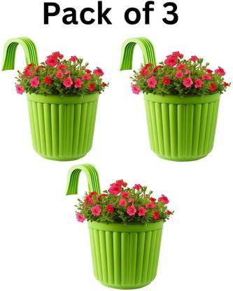 NKB Elegant Railing Hook Hanging Pot (Green) for Balcony | UV Protected & Durable Plant Container Set