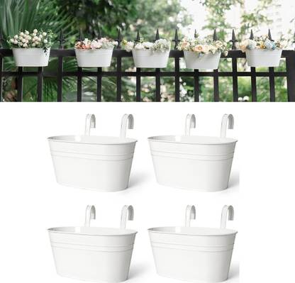 PRIME KRAFTS 12 INCH Anti Rust Railing Oval Planter for Balcony & Garden with Detachable Hook Plant Container Set