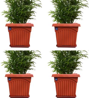 KWEL UV Treated Heavy Square Planter Pot with Tray for Garden Pack of4 Pots(10 Inch) Plant Container Set