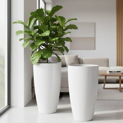 Muddstyles Plastic White Tower Pot 14 inch Flower Pots for Home Office Garden Balcony Plant Container Set