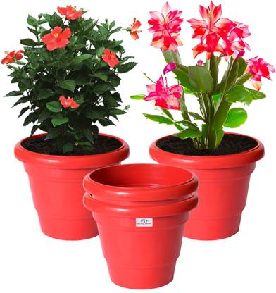 Heart Home Solid 2 Layered Plastic Flower Pot|Gamla ,8"x 6",Pack of 4 (Red) Plant Container Set