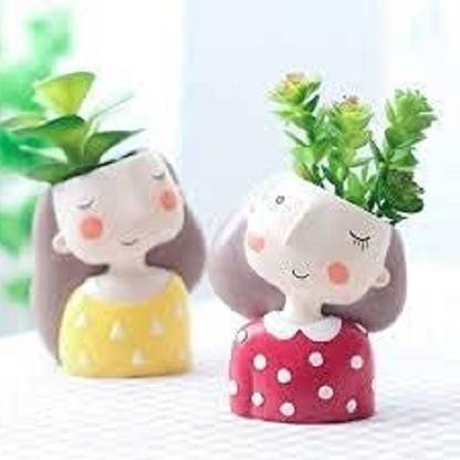 Polygon Green Resin Pots Combo 2 Cute Red and Yellow Girl Unique & Succulent Pots Plant Container Set