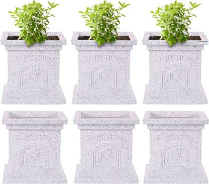 HOMESTIC by Kuber Industries Pack of 6 Plastic Tulsi Mancha Gamla/Planter Pot | 12 Inch Marble Design-White Plant Container Set