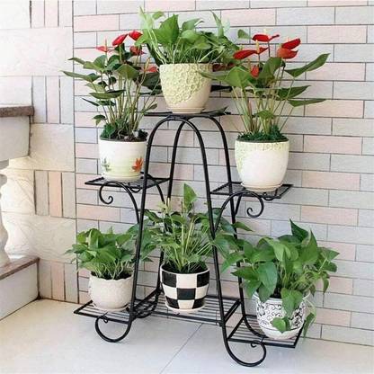 Casa Trading Foldable Plant Pot Stands for Indoors and Outdoors, 6 Tier A Shape Black Plant Container Set