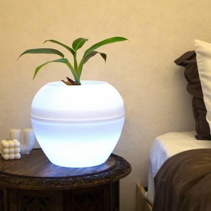 Kyari Apple Shaped Plastic White LED 8” Planter Home Office Table Indoor Outdoor Plant Container Set