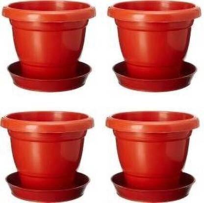 Ramanuj (PACK OF 4 WITH TRAY) 10 INCHES Heavy Duty Plastic High Quality Gardening Flower Pots-10 Inch | Round Garden Plastic Planters Plant Container Set Gamla Pot for Garden and Balcony Flowering (Pack of 4, Plastic) Brown Plant Container Set For Indoor/ Outdoor Future Green High Quality Round Pots Plant Container Set Plant Container Set